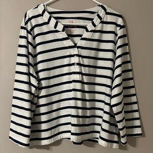 CORAL BAY size 1X, navy and white striped, 3/4 length sleeved, split neck top